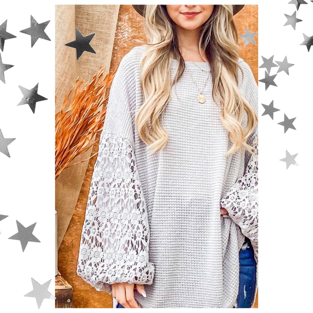 Waffle Knit High Low Tunic with Crochet Bubble Sleeves - Picture 3 of 4